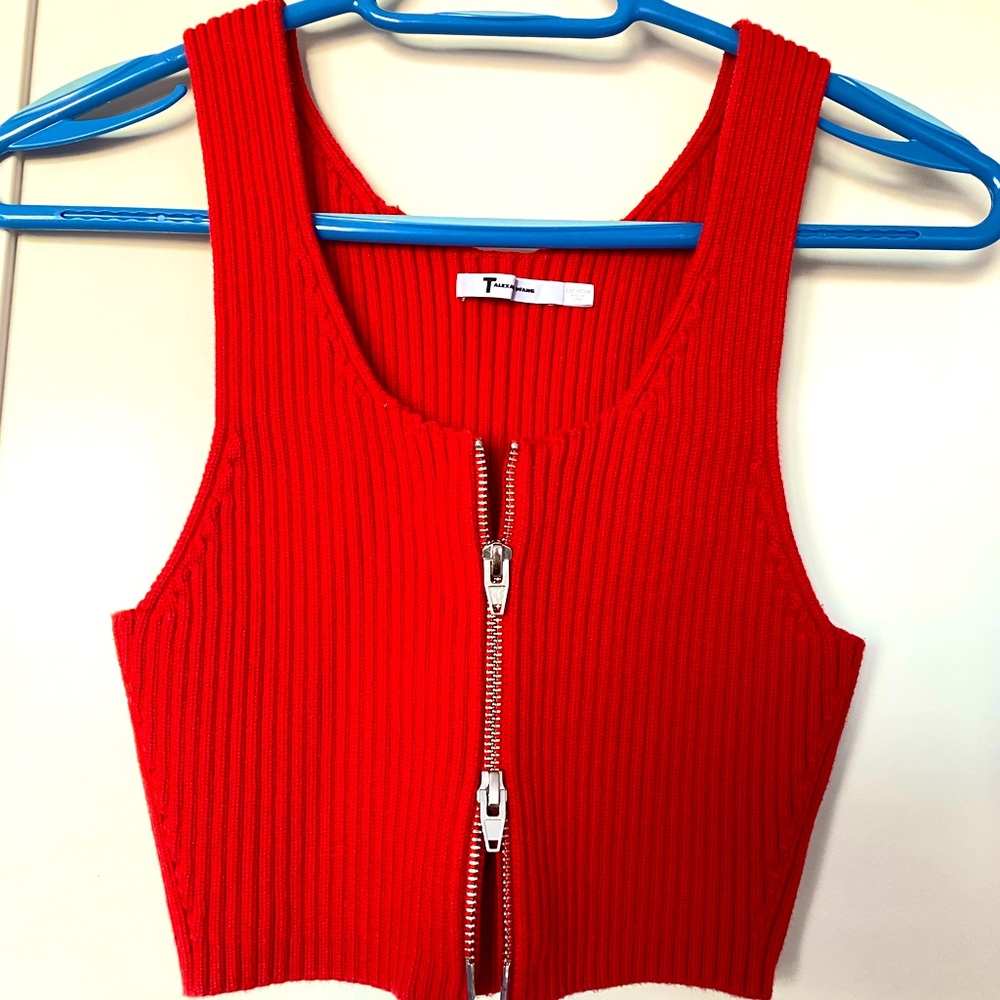 T by Alexander Wang orange double zip ribbed knit crop top.